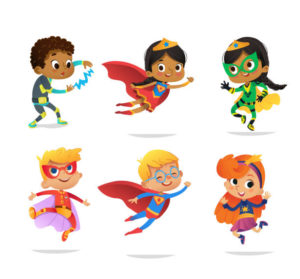 Multiracial Boys and Girls, wearing colorful costumes of various superheroes, isolated on white background. Cartoon vector characters of Kid Superheroes, for party, invitations, web, mascot.