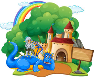 castle-scene-with-knight-and-dragon-vector-16950914